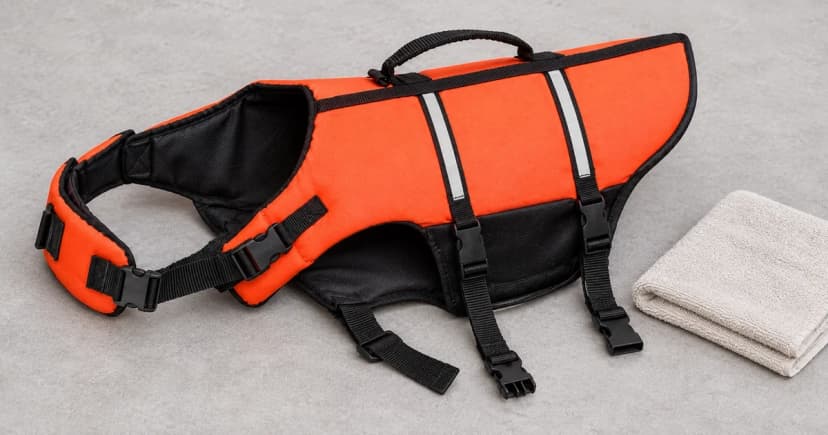Edited illustration of a generic orange and black dog life jacket laid open beside a folded cloth.