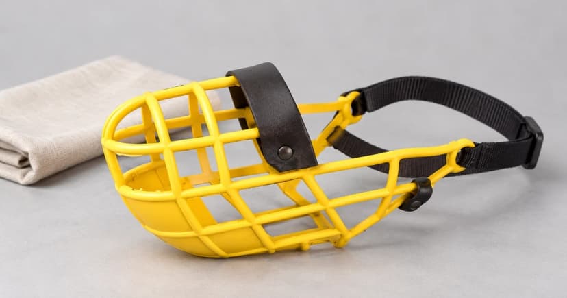 Edited illustration of a generic yellow basket muzzle with a dark bridge and black band beside a cloth on a plain table.