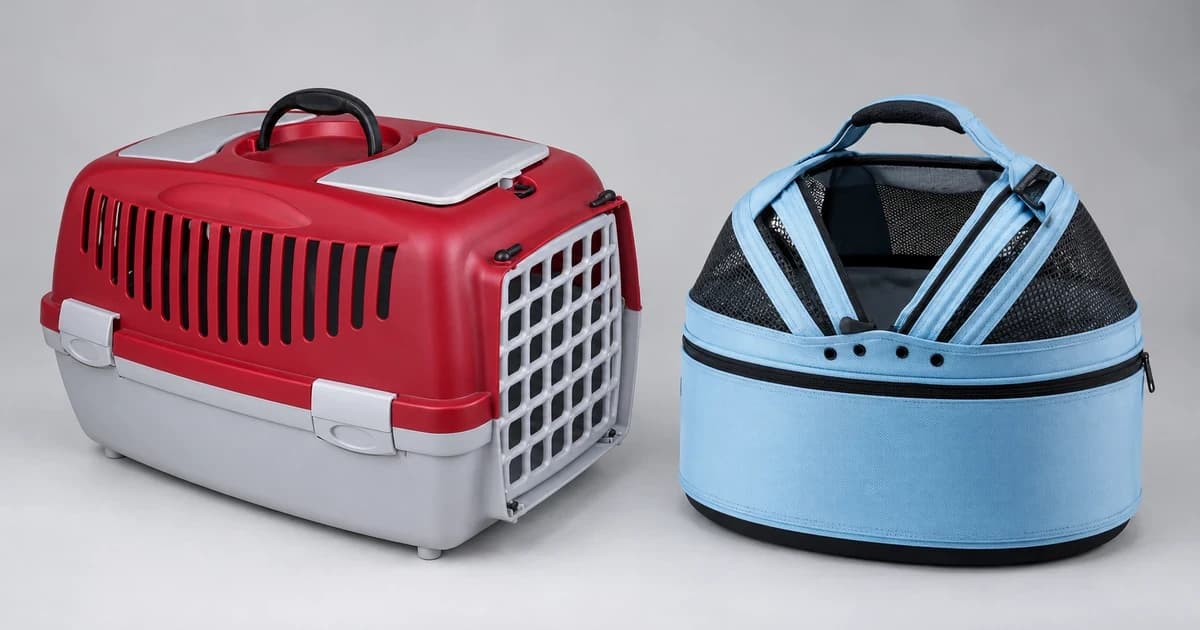 Edited illustration of empty generic red and gray hard carrier and blue soft carrier on a plain surface.