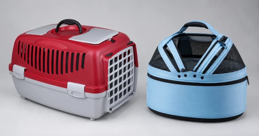 Edited illustration of empty generic red and gray hard carrier and blue soft carrier on a plain surface.
