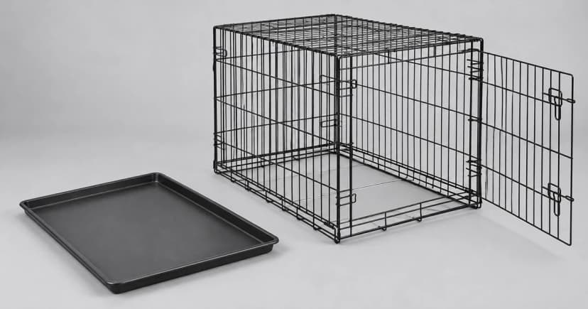Edited illustration of an empty wire crate beside a separate generic tray