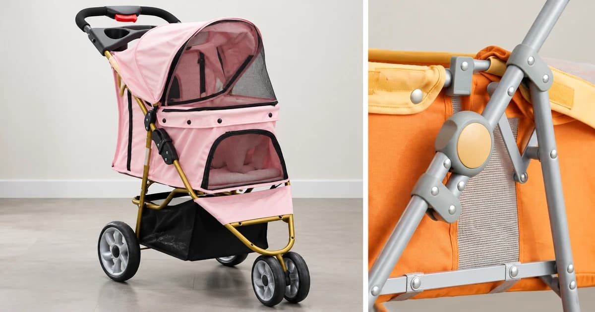 Photo-based edited views of an empty pink pet stroller and a separate silver frame joint beside orange fabric