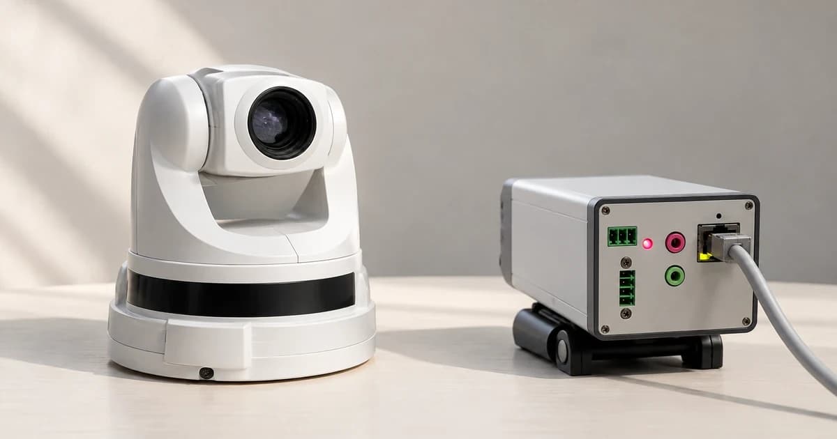 Photo-based edited illustration of a white camera exterior beside a separate grey camera rear panel with an attached cable