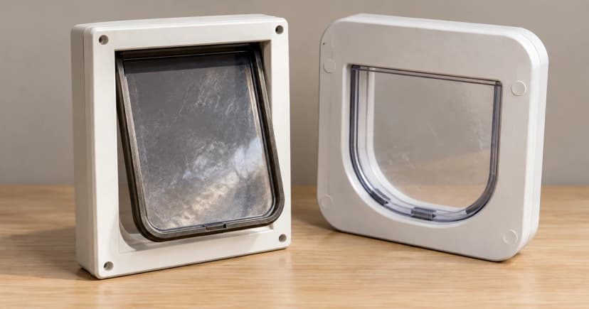 Photo-based edited illustration of separate rectangular and rounded cat-flap exteriors, empty and unmounted on a tabletop