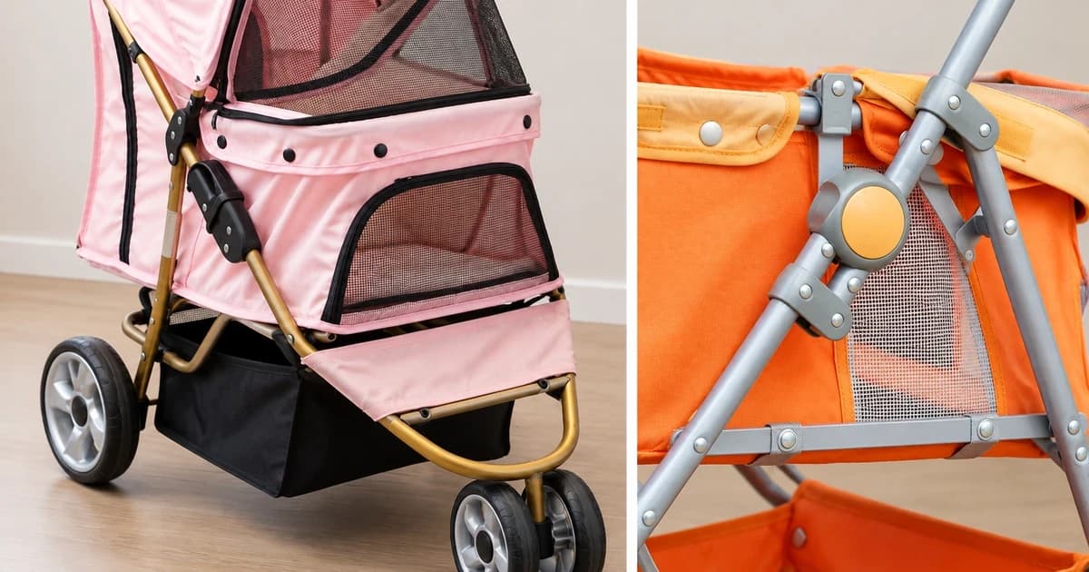 Photo-based edited views of pink stroller fabric and gold frame beside a separate orange fabric and silver frame detail