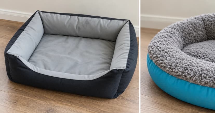 Photo-based edited views of a grey rectangular bed exterior and a separate grey-fleece rim with teal outer fabric