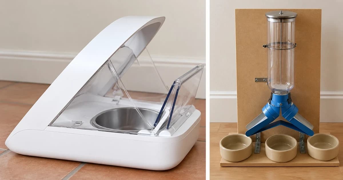 Edited photo views of a white arch-and-lid feeder beside a separate transparent reservoir and blue divided chute