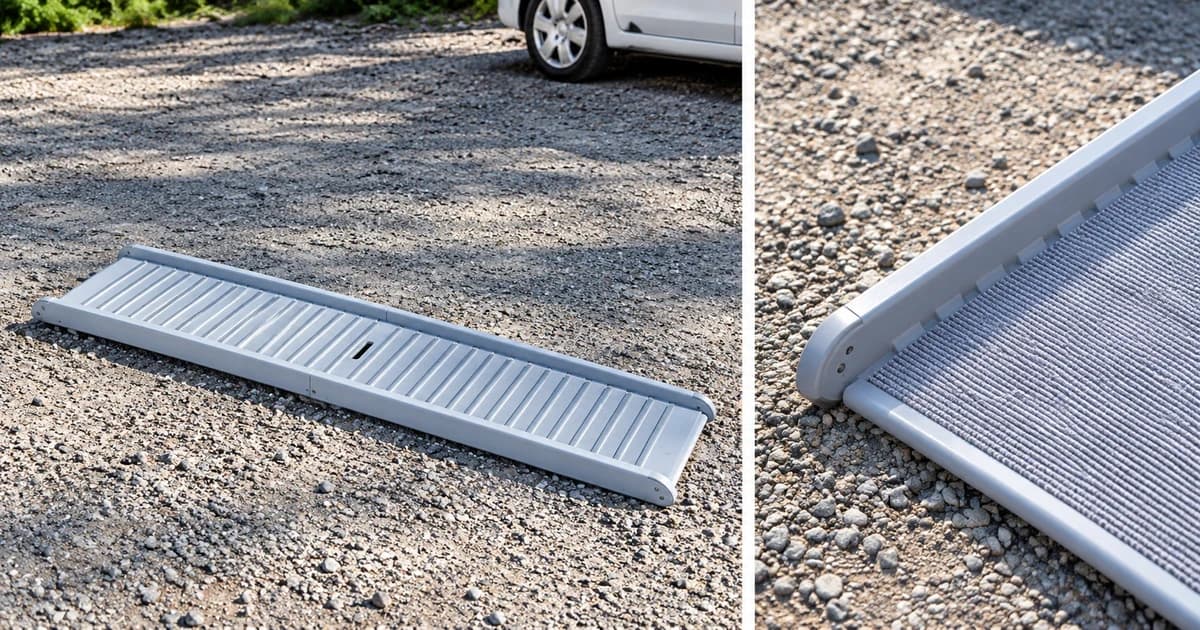 Photo-based edited views of a ribbed ramp lying beside a white vehicle and a separate textured ramp rail detail