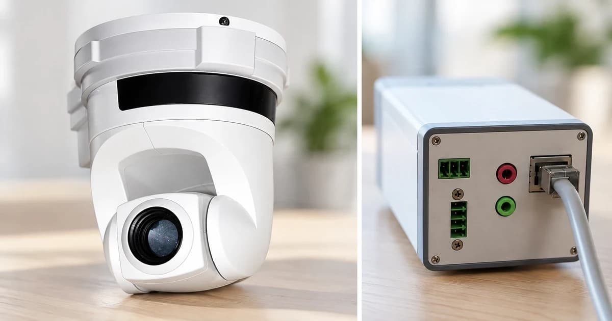 Photo-based edited views of a white camera lens and housing beside a separate wired camera rear-panel detail