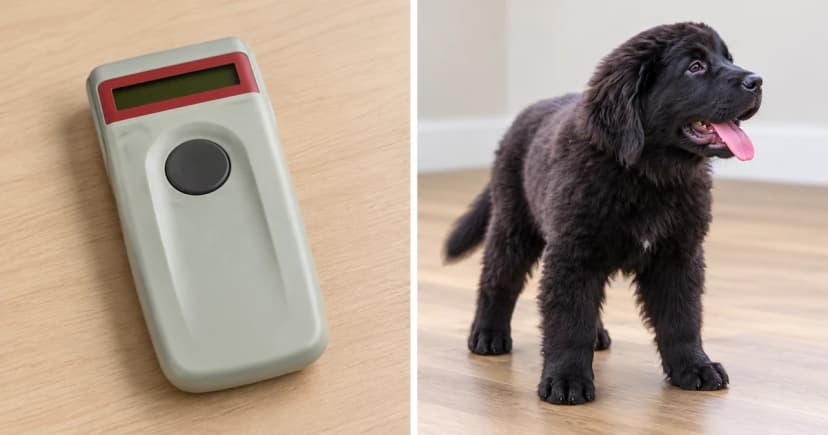 Photo-based edited views of an empty-display handheld microchip reader and a separate black dog