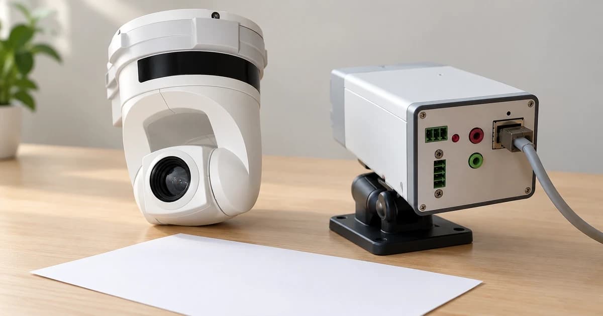 Photo-based edited illustration of two different camera exteriors beside blank paper on a desk