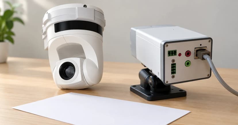 Photo-based edited illustration of two different camera exteriors beside blank paper on a desk