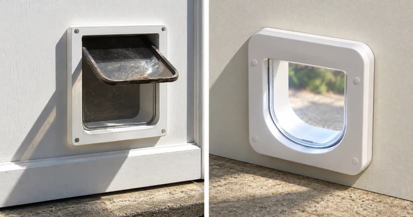 Photo-based edited views of two separate empty cat-flap frames with transparent leaves