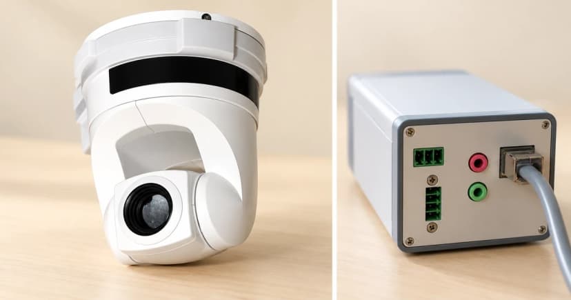 Photo-based edited views of a white camera exterior and a separate grey camera rear-case detail