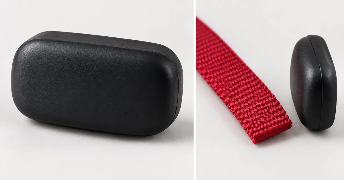 Photo-based edited black tracker-case exterior views with a separate unconnected red collar strap