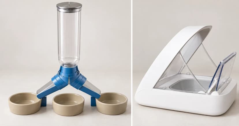 Photo-based edited feeder reservoir and blue chute beside a separate white arch feeder exterior