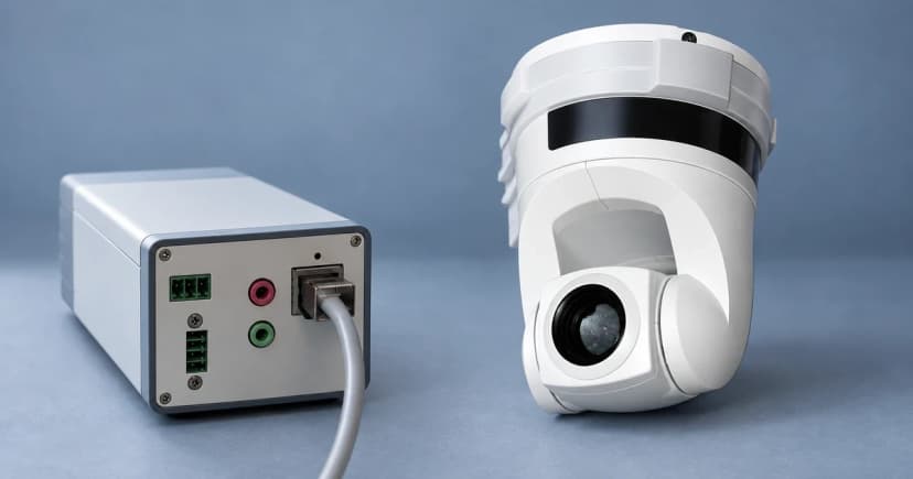Photo-based edited illustration of two separate camera exteriors on a plain tabletop