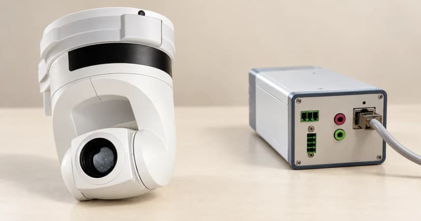 Photo-based edited illustration of two separate camera exteriors on a plain tabletop