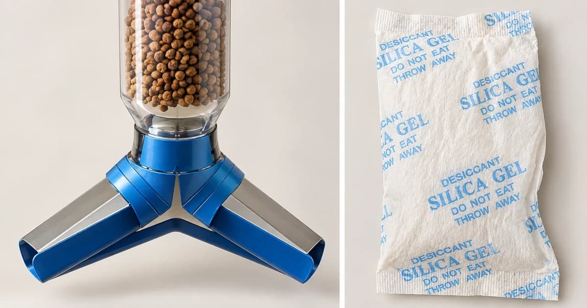 Photo-based edited feeder reservoir and blue chute with a separate closed-looking desiccant packet