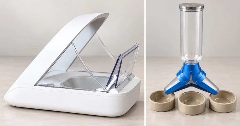 Photo-based edited white arch feeder and separate reservoir with blue divided chute