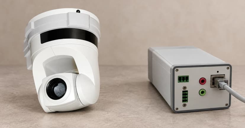 Photo-based edited illustration of two separate camera exteriors on a plain tabletop