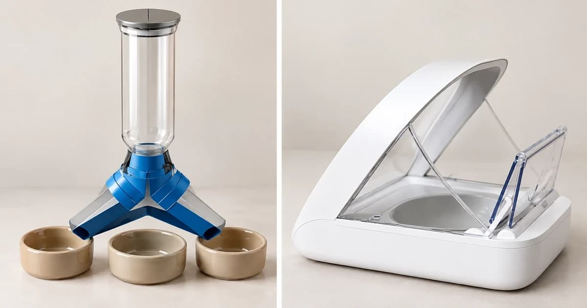 Photo-based edited reservoir and blue divided chute beside a separate white arch feeder