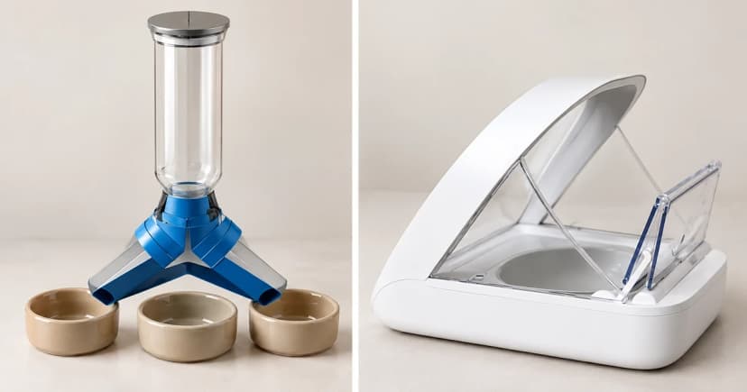 Photo-based edited reservoir and blue divided chute beside a separate white arch feeder