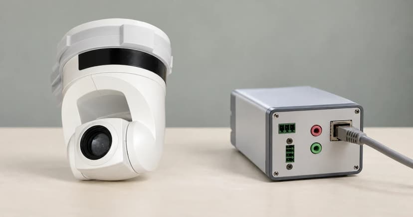 Photo-based edited illustration of two separate camera exteriors on a plain tabletop