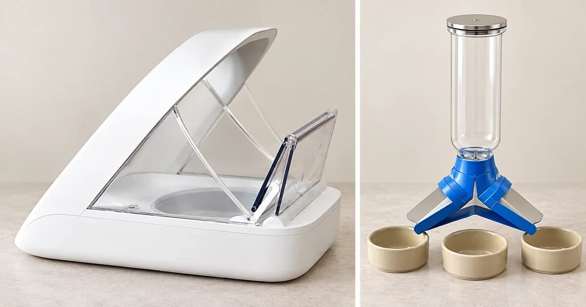 Photo-based edited white arch feeder and separate reservoir with blue divided chute