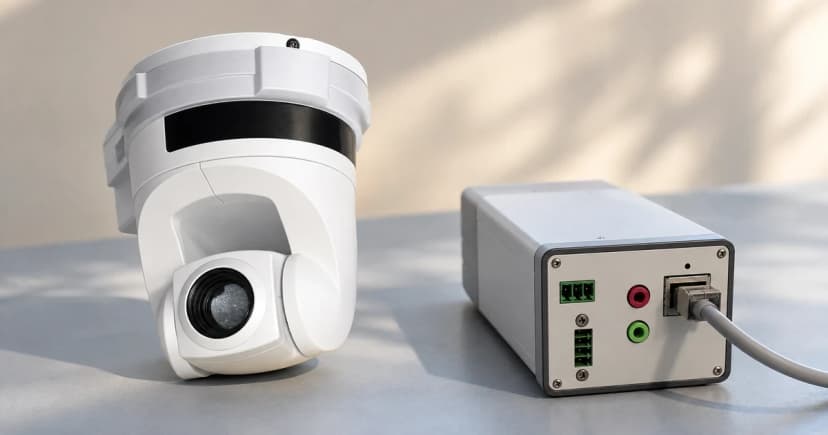 Photo-based edited illustration of a white camera front and a separate silver camera rear housing on a blue-grey surface
