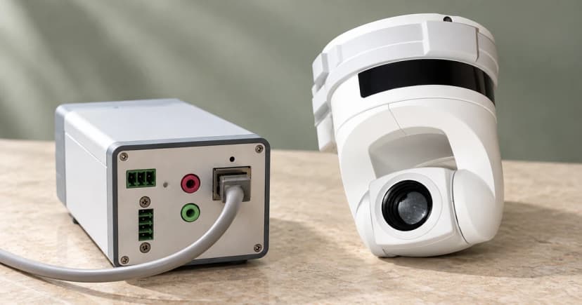 Photo-based edited illustration of a silver camera rear and a separate white camera exterior on a pale work surface