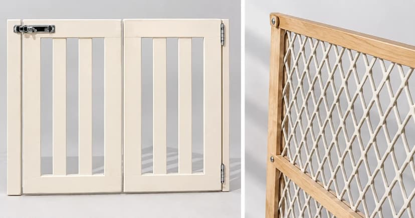 Photo-based edited illustration of a pale slat gate and a separate diamond-lattice barrier detail