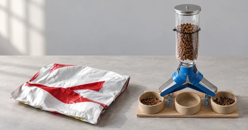 Edited illustration of a folded food bag beside a separate reservoir-and-chute feeder