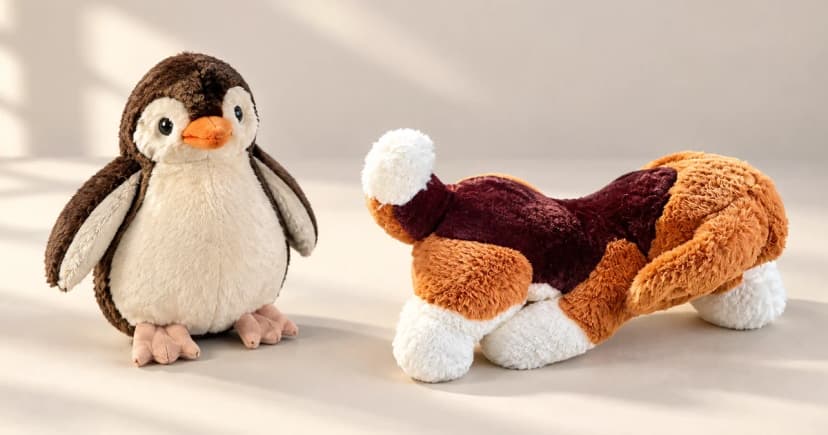 Photo-based edited equipment illustration of a penguin plush and a separate brown-and-cream plush toy