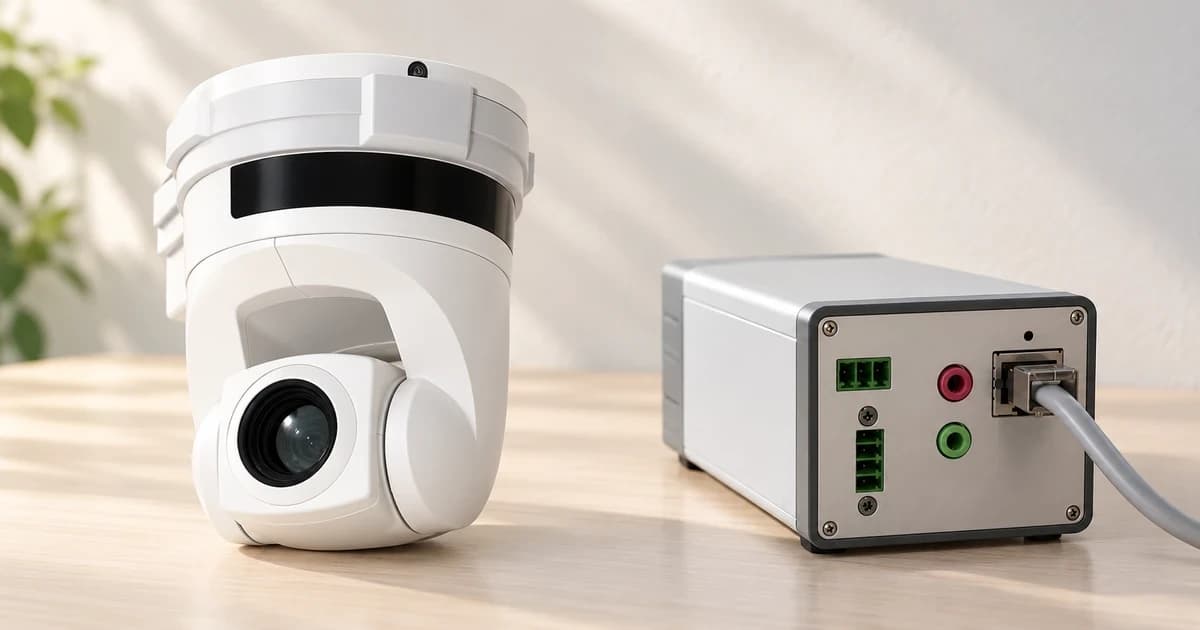 Photo-based edited illustration of a white camera and a separate silver rear camera housing on a pale desk