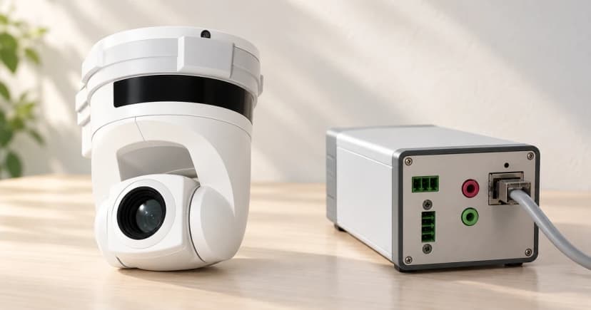 Photo-based edited illustration of a white camera and a separate silver rear camera housing on a pale desk
