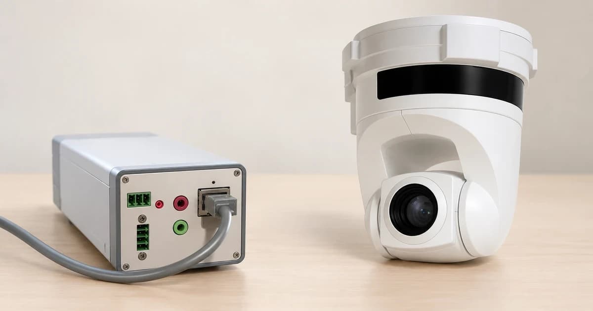 Photo-based edited illustration of a silver rear camera housing beside a separate white camera on a pale desk