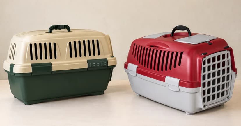 Photo-based edited illustration of separate beige-green and red-grey hard-sided carriers on a neutral surface