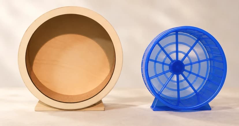 Photo-based edited equipment illustration of a wooden-appearance wheel and a separate empty blue hamster wheel