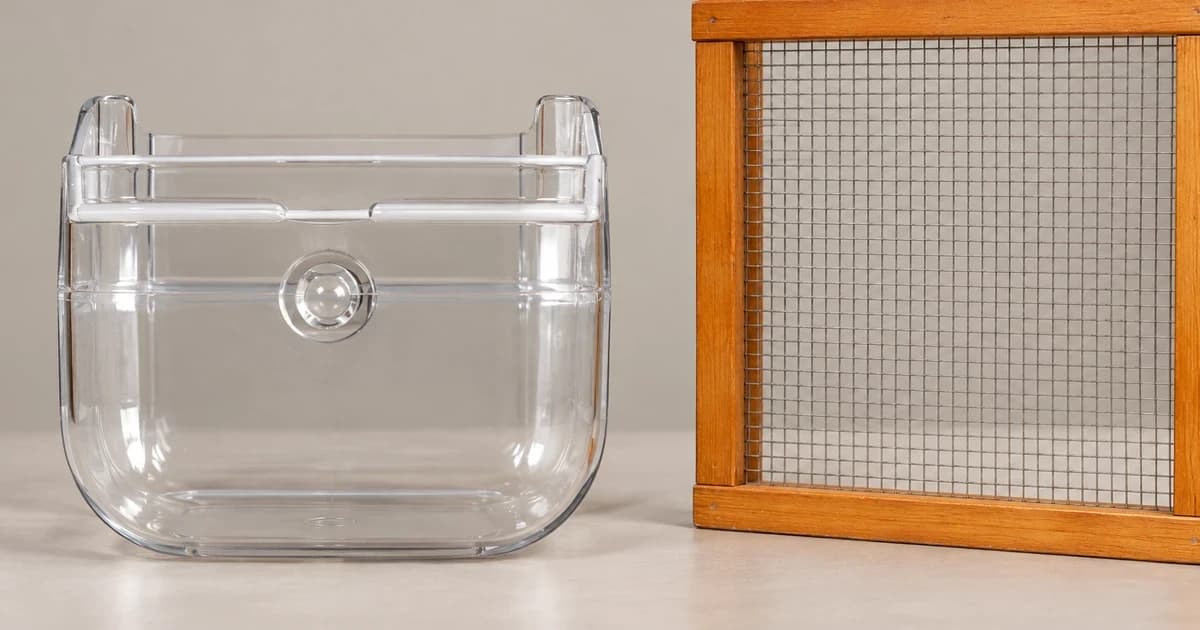 Transparent empty feed container beside a separate wooden wire-grid frame in an edited illustration.