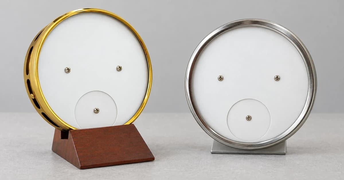 Edited illustration of separate gold and silver analog instrument exteriors with blank faces on a tabletop