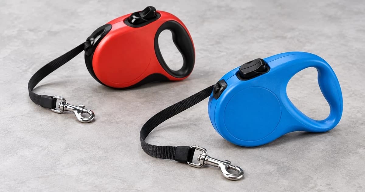 Edited illustration of separate red and blue retractable leash housings with short tape ends and metal clips