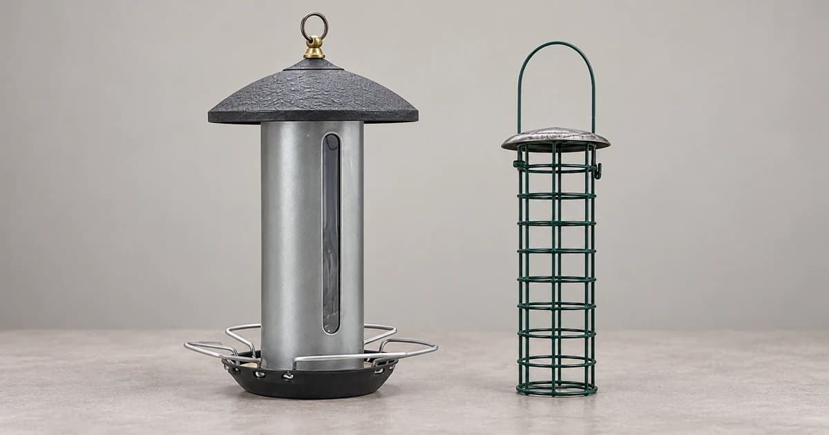 Separate gray cylindrical feeder and empty wire-cage feeder resting on a tabletop in an edited illustration.
