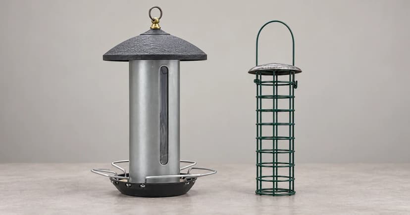 Separate gray cylindrical feeder and empty wire-cage feeder resting on a tabletop in an edited illustration.