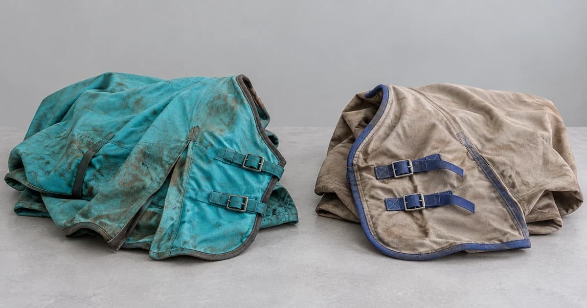 Edited illustration of separate turquoise and taupegray horse blankets loosely folded on a tabletop