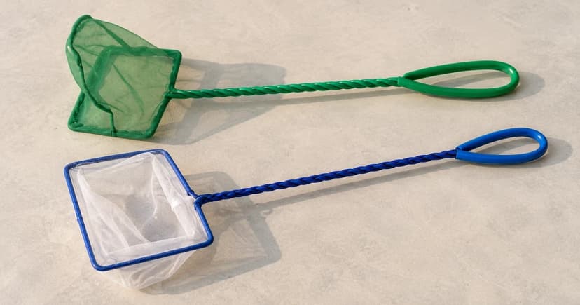 Edited illustration of separate green and blue-rimmed aquarium nets with empty mesh pockets and looped handles