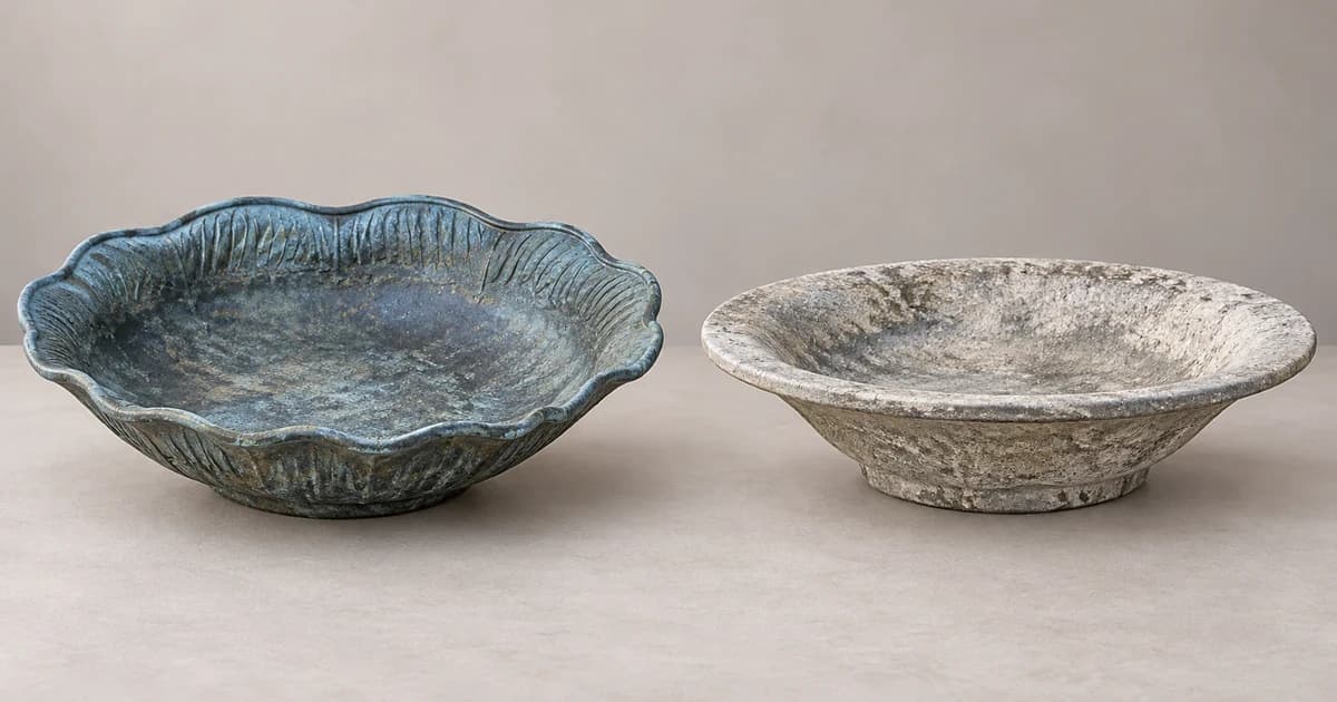 Two separate shallow bird-bath basins on a tabletop in an edited illustration.
