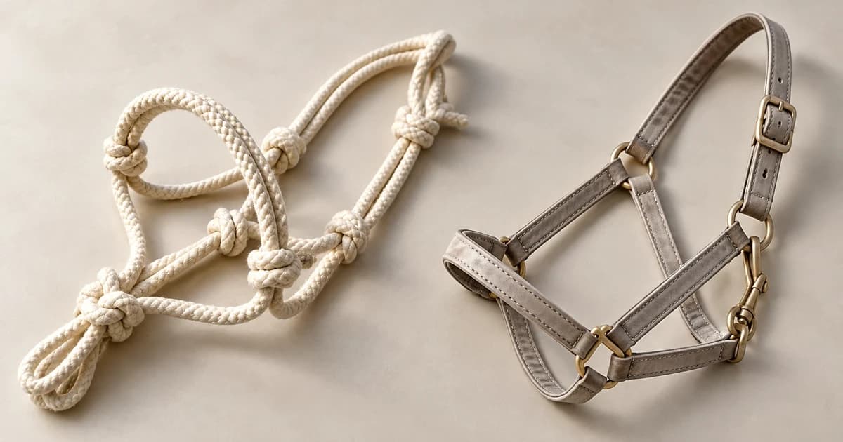 Edited illustration of an empty cream rope halter beside a separate light flat-strap halter on a tabletop