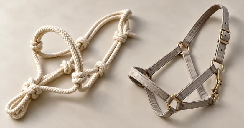 Edited illustration of an empty cream rope halter beside a separate light flat-strap halter on a tabletop