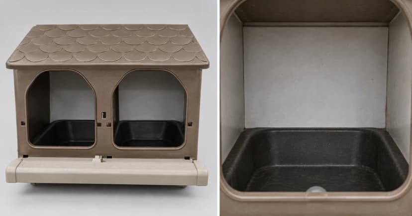 Edited illustration pairing a two-opening nesting-box exterior with a separate close interior view.